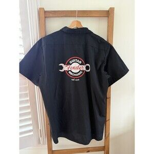 VTG Fender Dickies Shirt Mens XL Black Button Up Mechanic Guitar Rock Embroidery